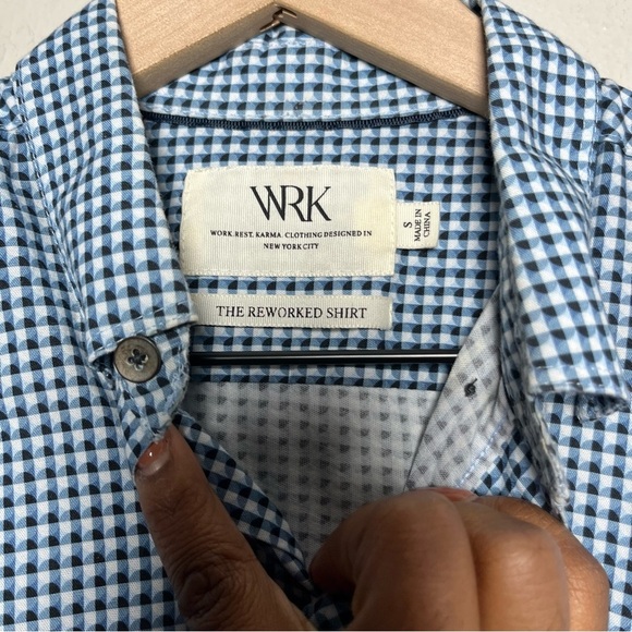 WRK Men Shirt Small Blue Gingham Plaid Geometric Long Sleeve Reworked Pocket - Picture 9 of 10